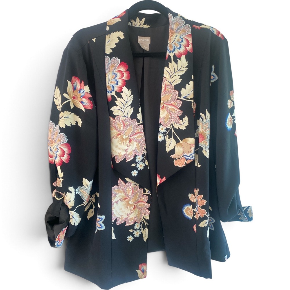 Chicos Floral Open Front Blazer Black Shawl Collar Roll Tab Sleeve Size 3 XL